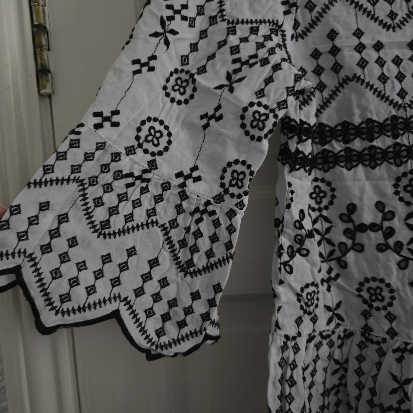 White and Black Embroidered Cotton Blouse with Scalloped Edges, River Island, 10