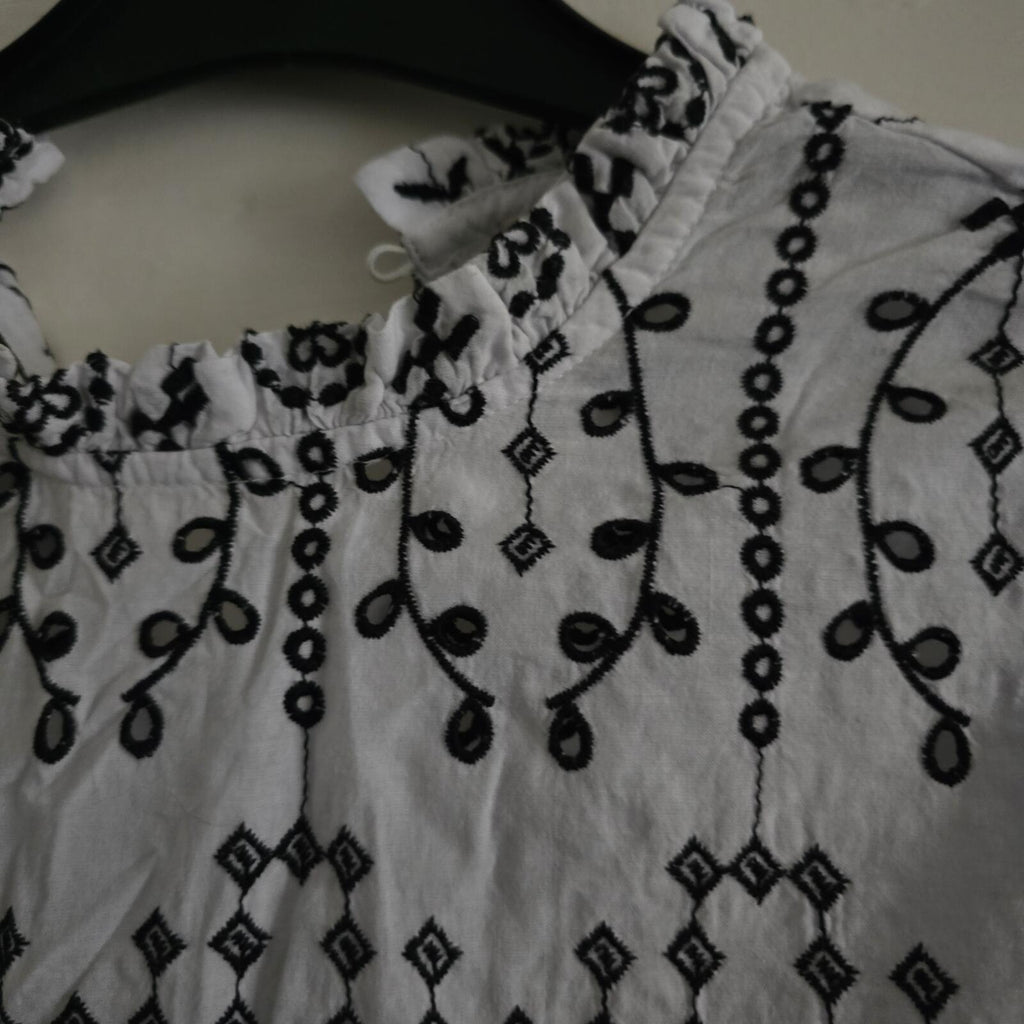 White and Black Embroidered Cotton Blouse with Scalloped Edges, River Island, 10