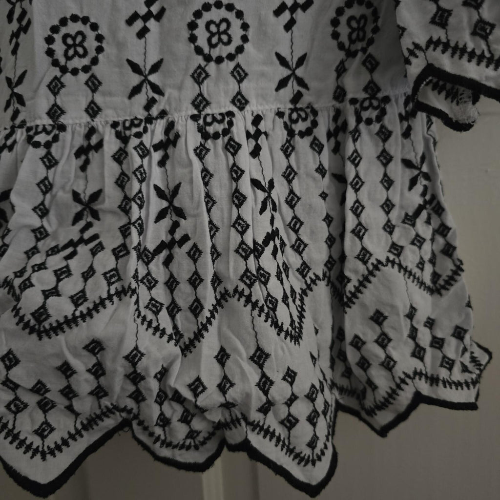 White and Black Embroidered Cotton Blouse with Scalloped Edges, River Island, 10