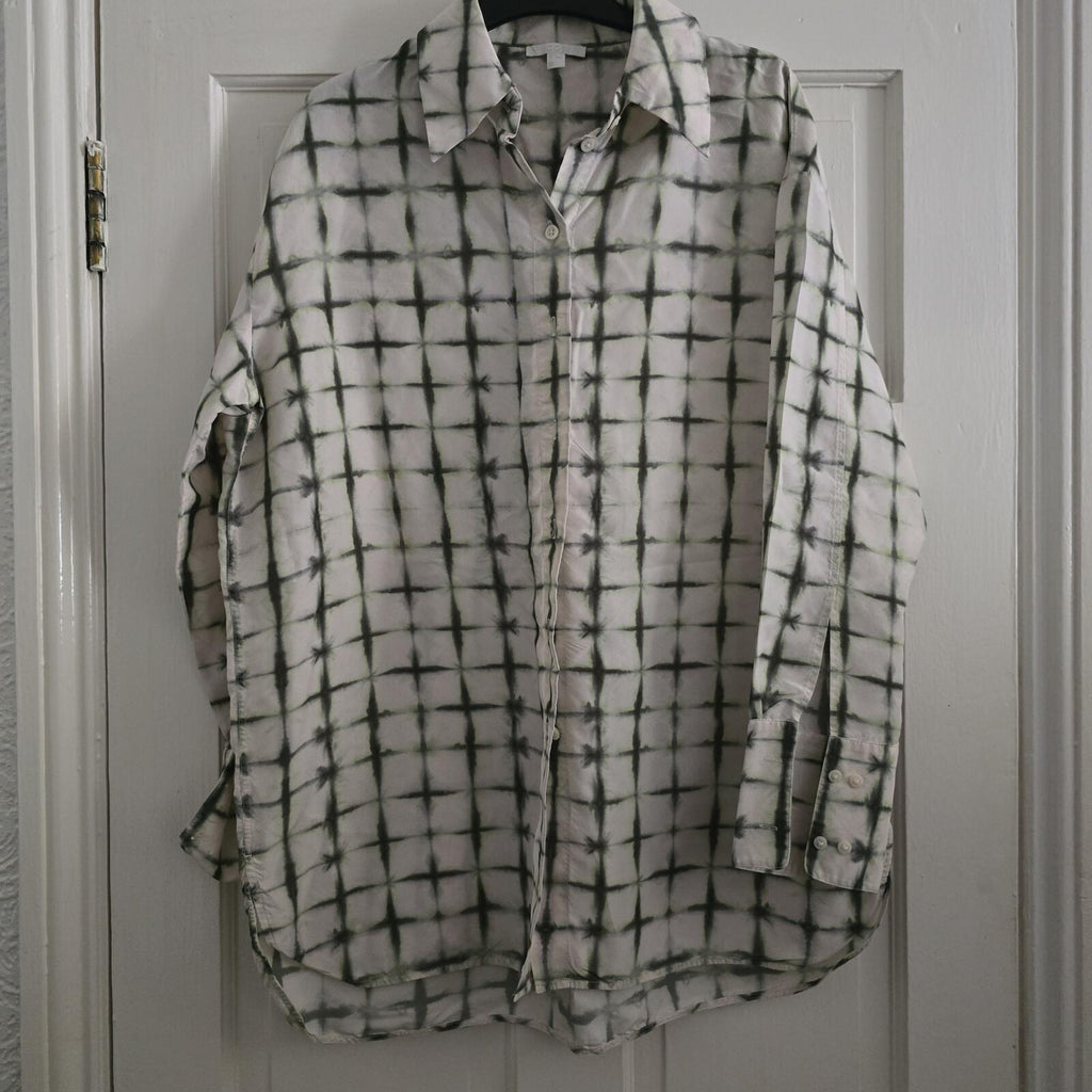 COS 100% Silk Long Sleeve Oversized Button-Up Shirt in Green and White