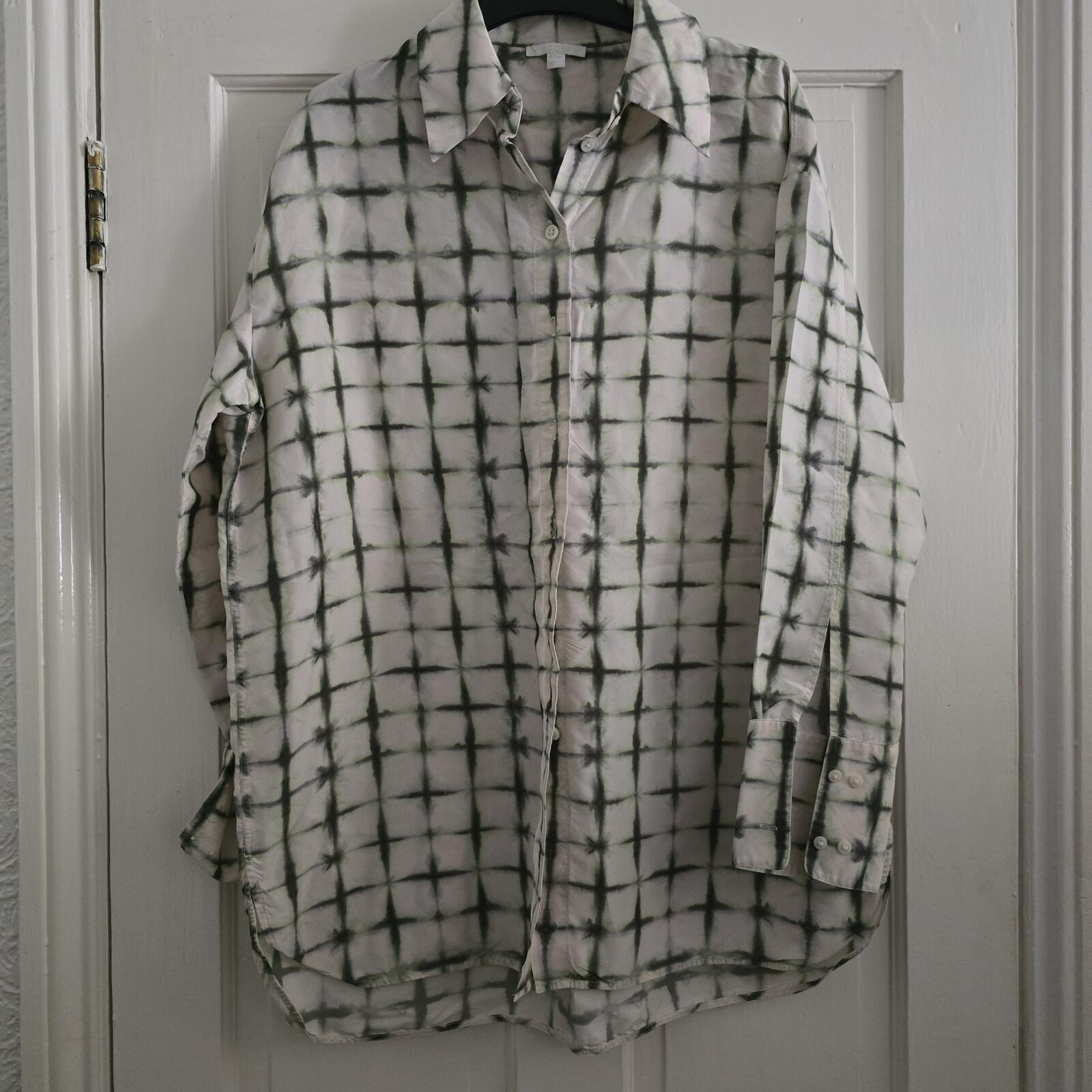 COS 100% Silk Long Sleeve Oversized Button-Up Shirt in Green and White