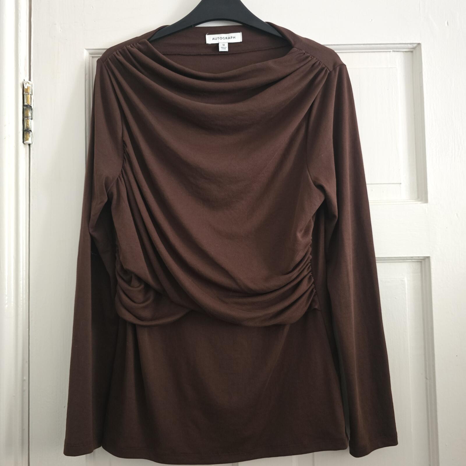 Autograph Chocolate Brown Long Sleeve Draped Top UK Size 16