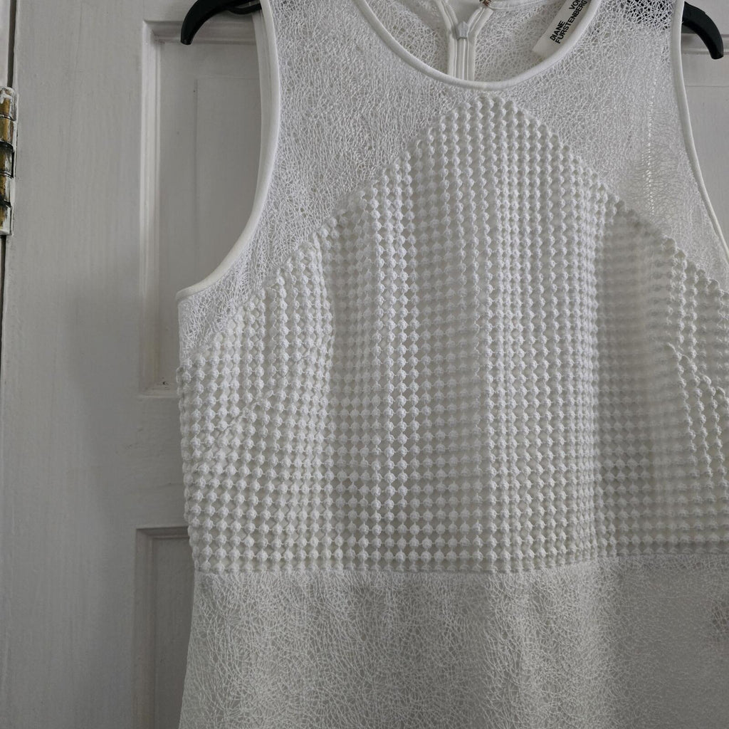 Diane von Furstenberg White Textured Lace Designer Sleeveless Midi Dress, Bridal