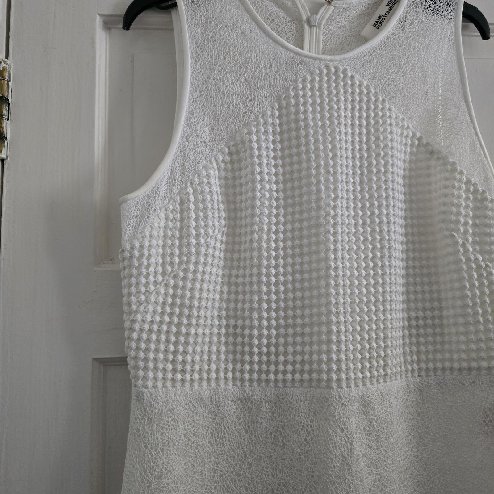 Diane von Furstenberg White Textured Lace Designer Sleeveless Midi Dress, Bridal