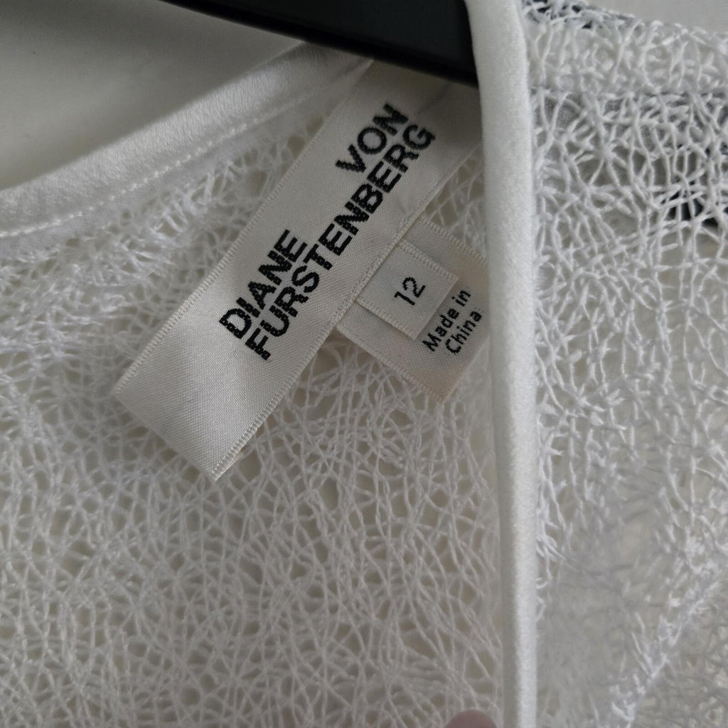 Diane von Furstenberg White Textured Lace Designer Sleeveless Midi Dress, Bridal