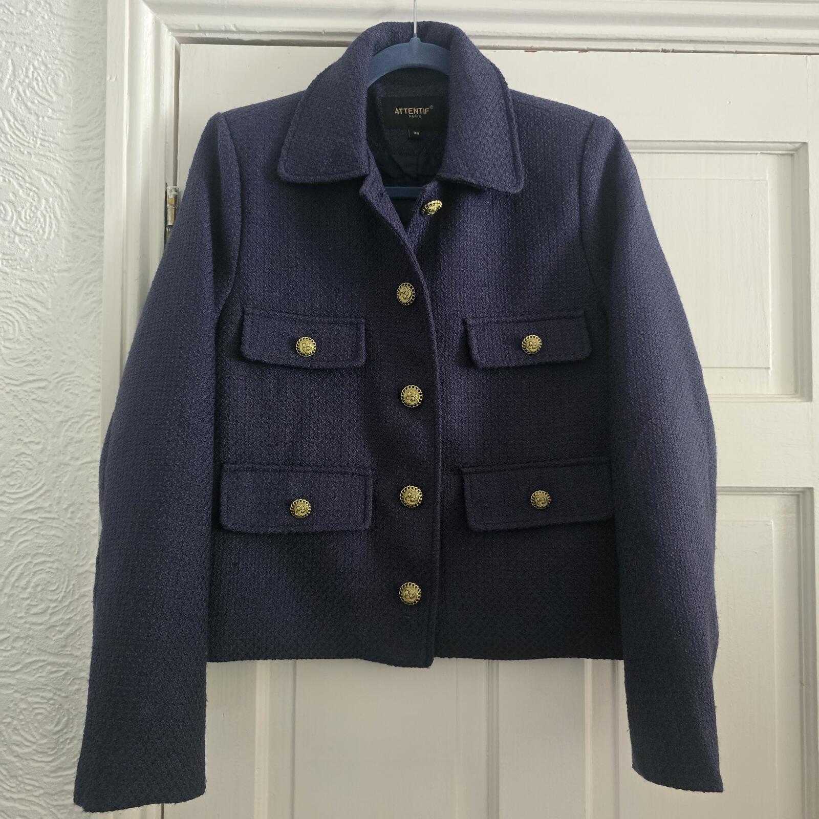Attentif Navy Blue Textured Cropped Wool Blend Jacket with Gold Buttons, UK 10