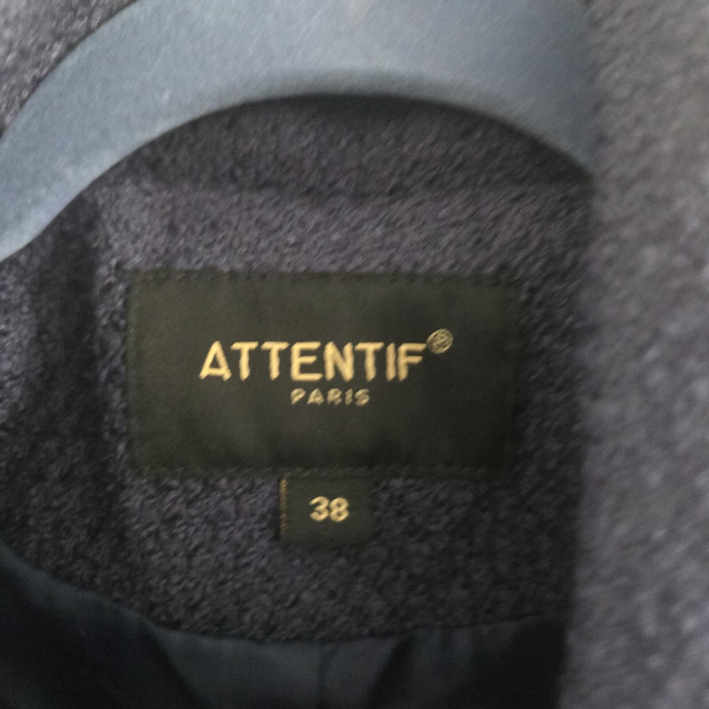 Attentif Navy Blue Textured Cropped Wool Blend Jacket with Gold Buttons, UK 10