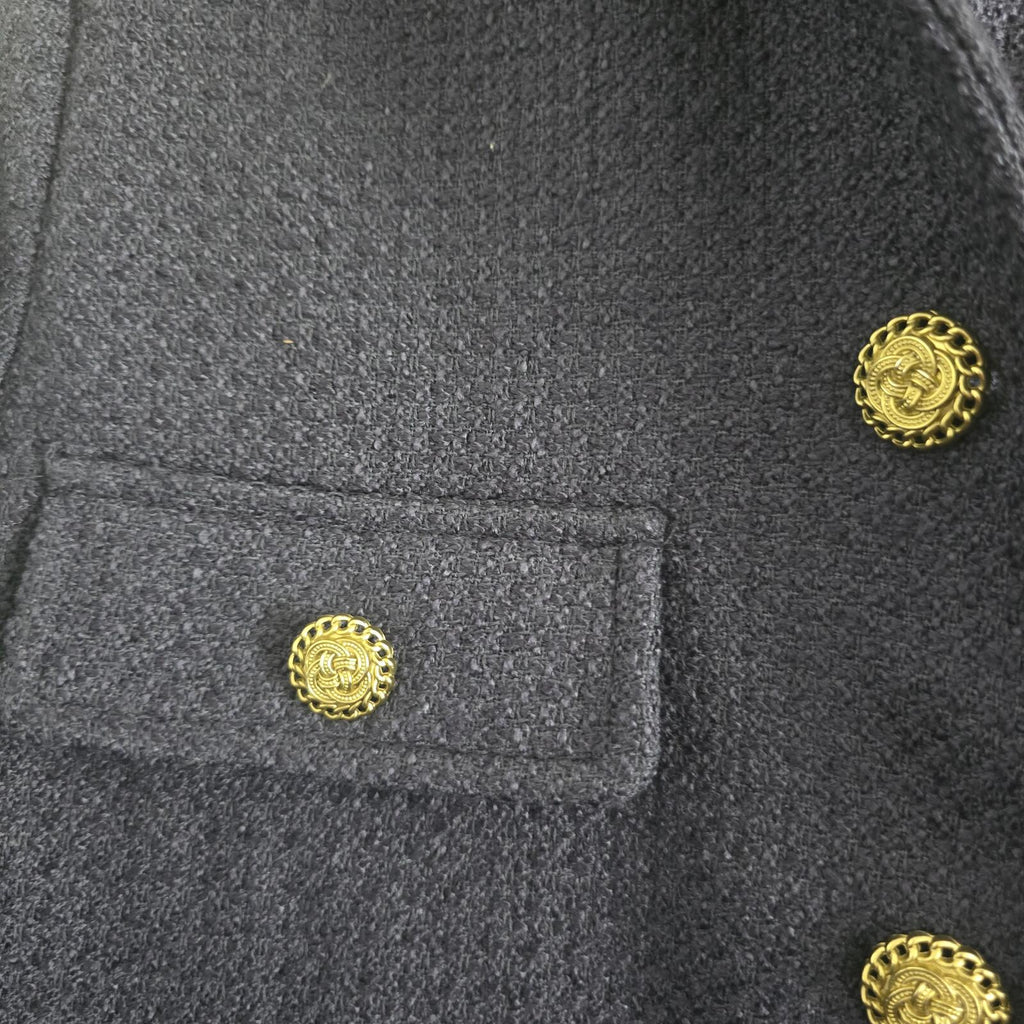Attentif Navy Blue Textured Cropped Wool Blend Jacket with Gold Buttons, UK 10
