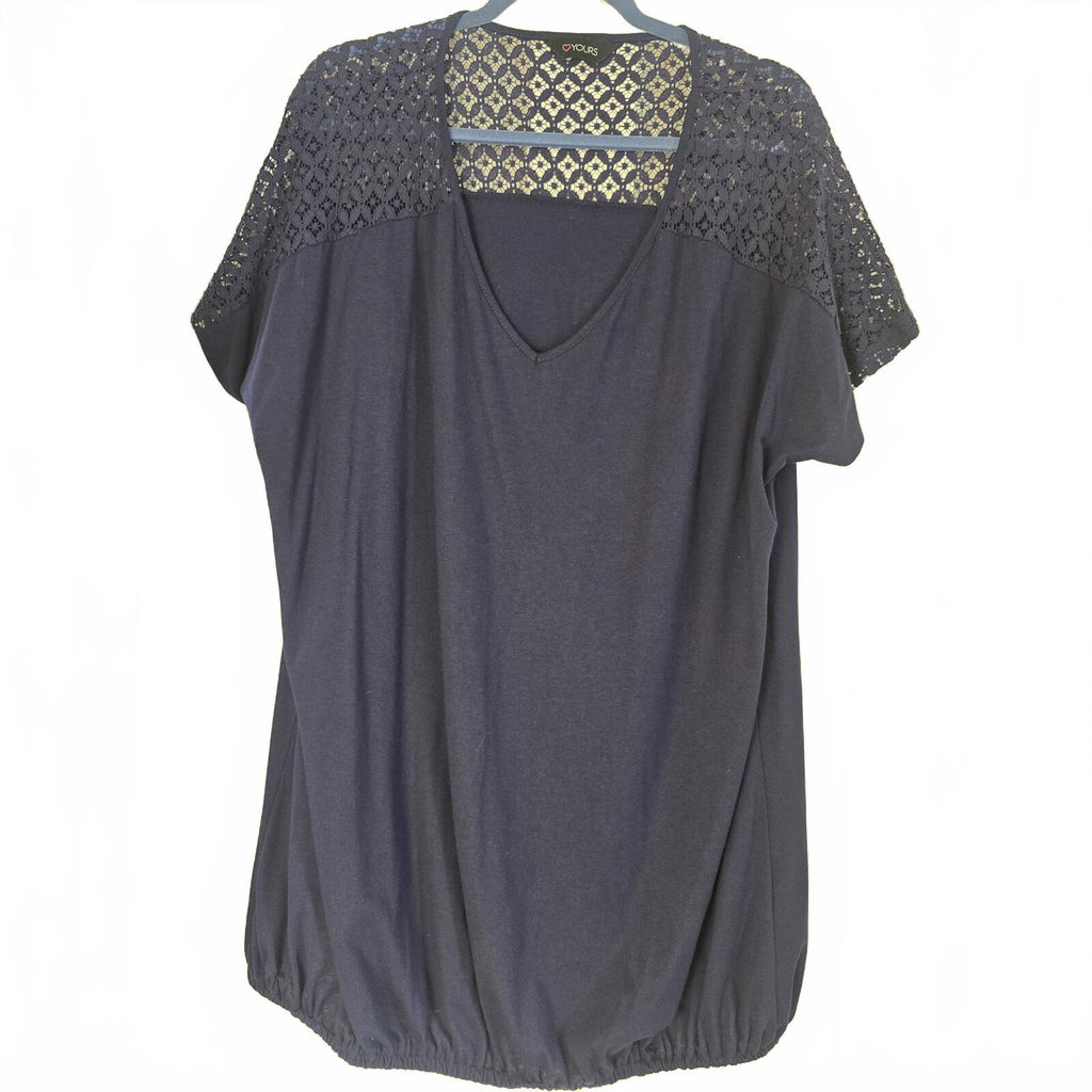 Yours Navy Lace Yoke Short Sleeve V-Neck Top UK 22-24, plus size, relaxed fit