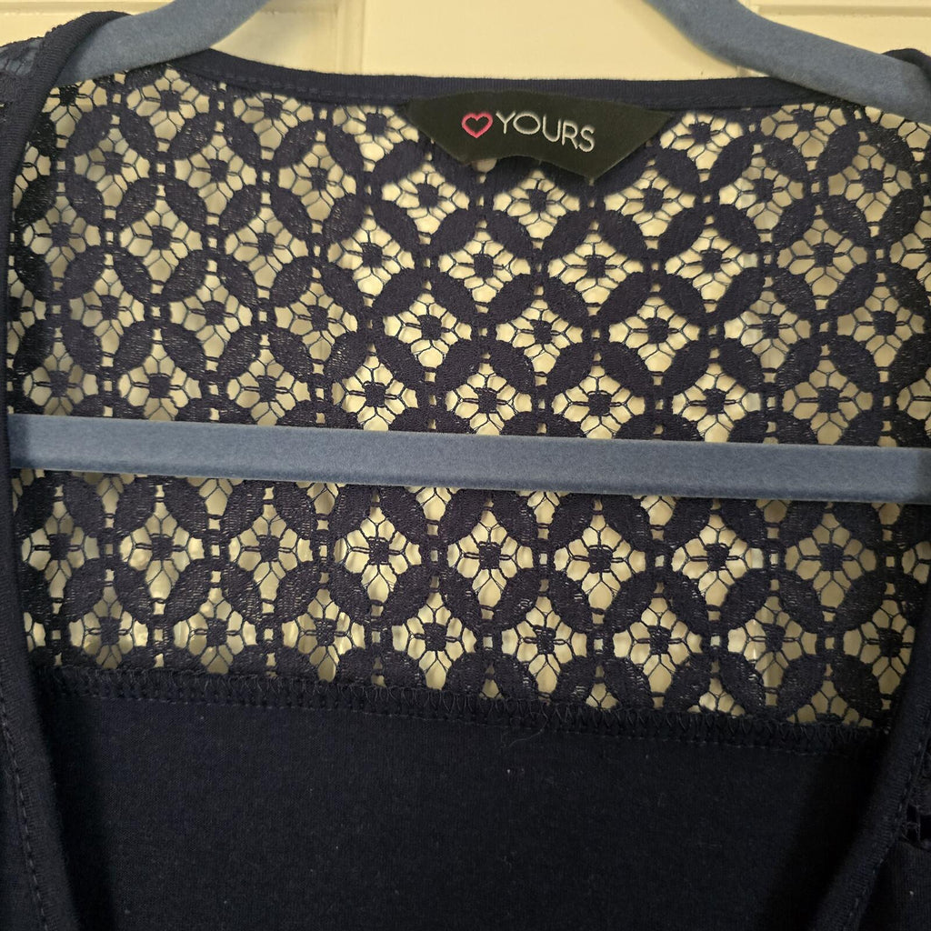 Yours Navy Lace Yoke Short Sleeve V-Neck Top UK 22-24, plus size, relaxed fit