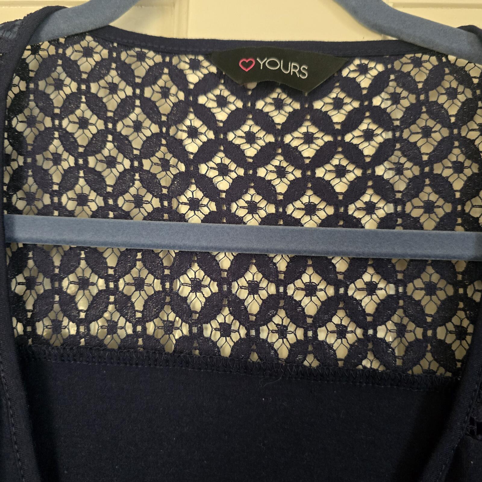 Yours Navy Lace Yoke Short Sleeve V-Neck Top UK 22-24, plus size, relaxed fit