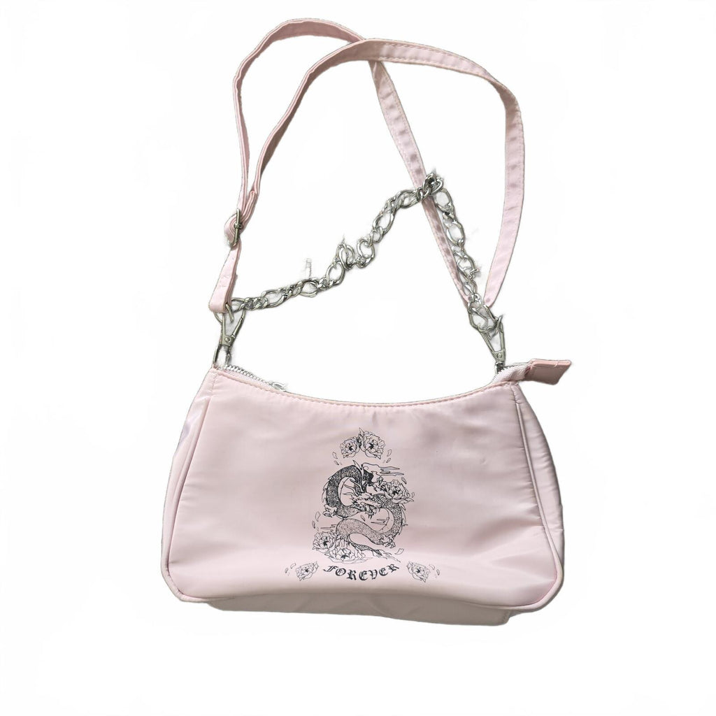 Bershka Pink Mini Shoulder Bag with Chain Strap and Graphic Print