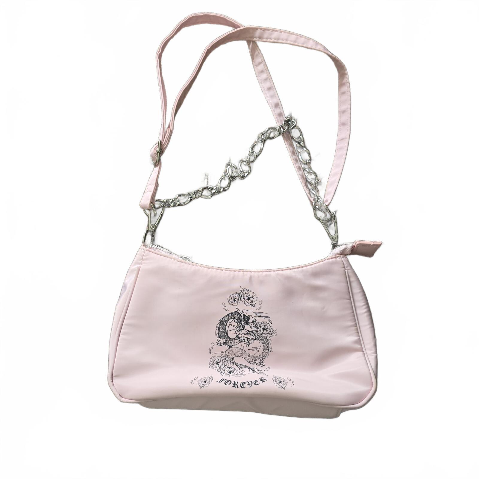 Bershka Pink Mini Shoulder Bag with Chain Strap and Graphic Print