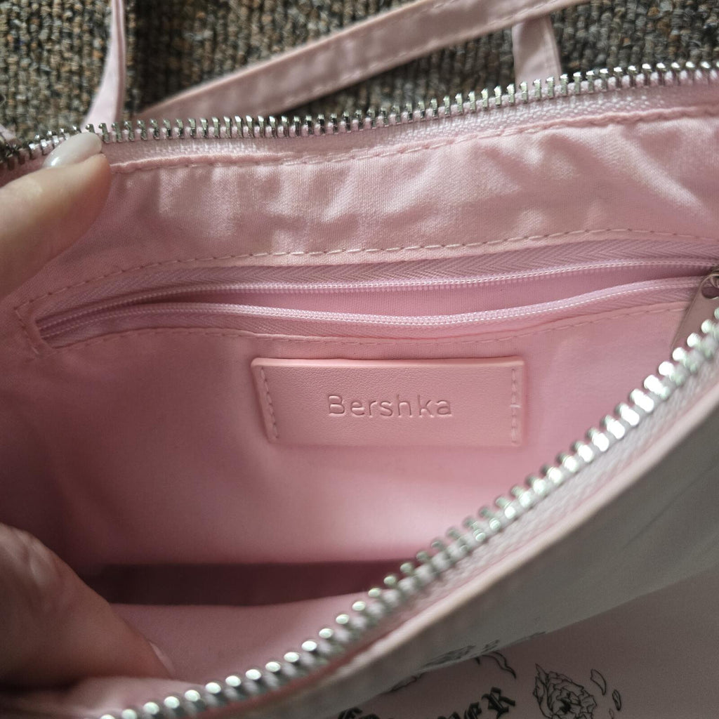 Bershka Pink Mini Shoulder Bag with Chain Strap and Graphic Print