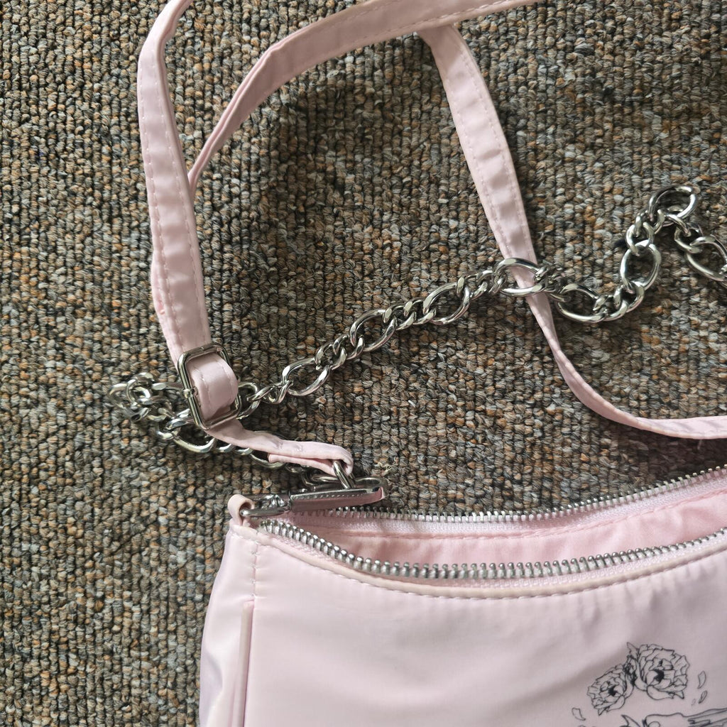 Bershka Pink Mini Shoulder Bag with Chain Strap and Graphic Print