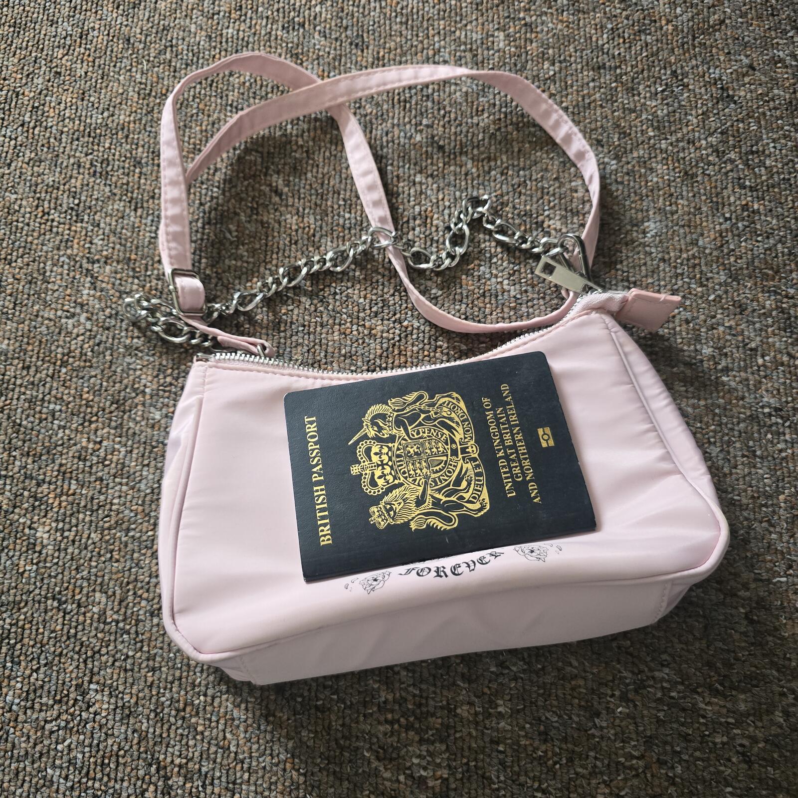 Bershka Pink Mini Shoulder Bag with Chain Strap and Graphic Print