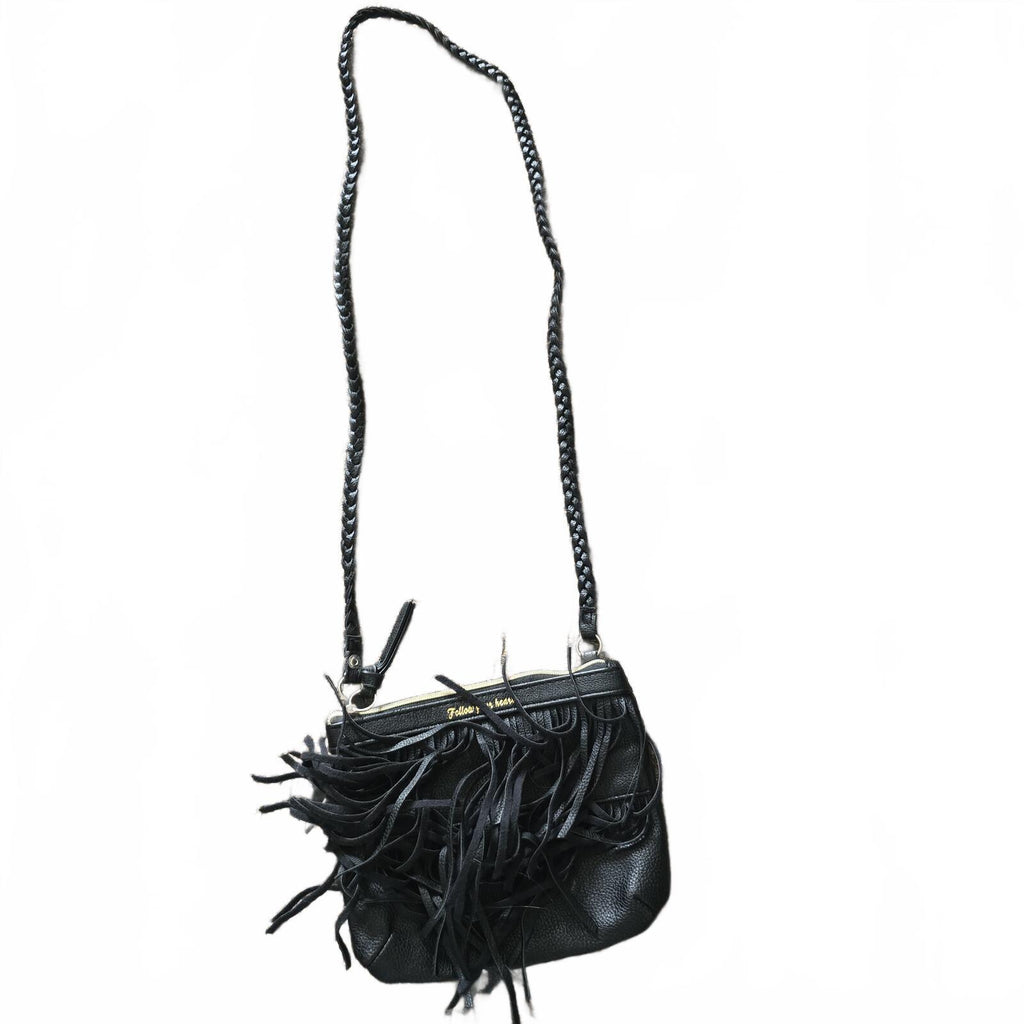 Black Fringed Crossbody Bag with Braided Strap, faux leather, festival vibes