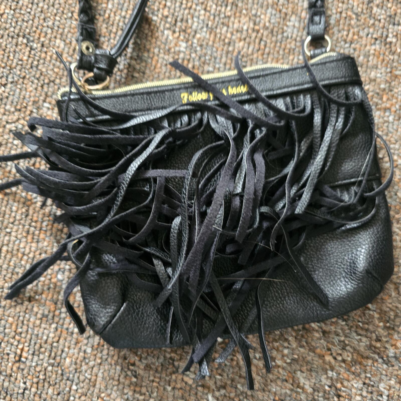 Black Fringed Crossbody Bag with Braided Strap, faux leather, festival vibes