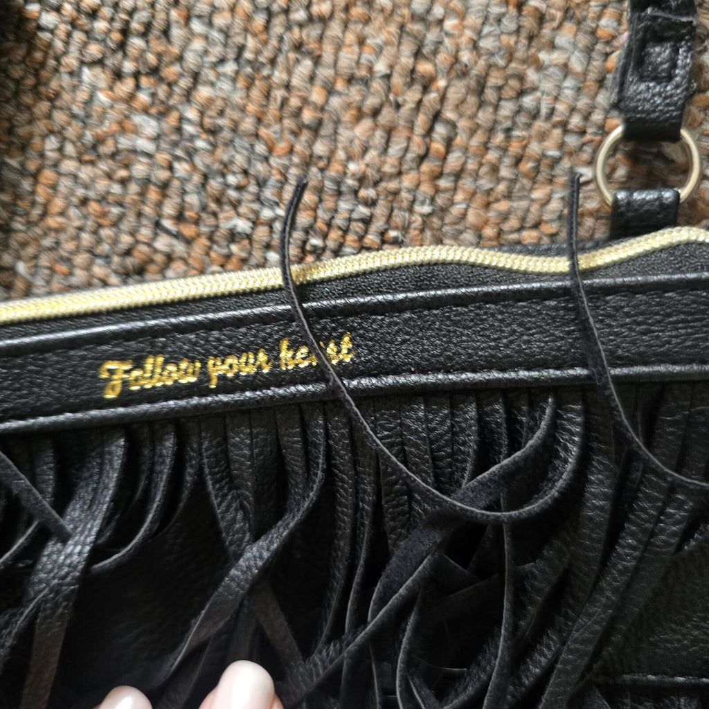 Black Fringed Crossbody Bag with Braided Strap, faux leather, festival vibes