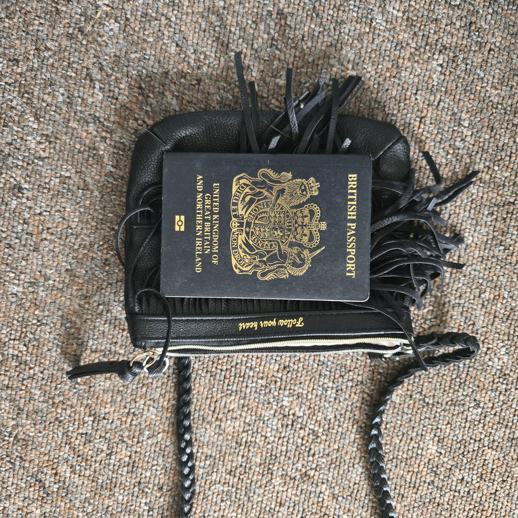 Black Fringed Crossbody Bag with Braided Strap, faux leather, festival vibes