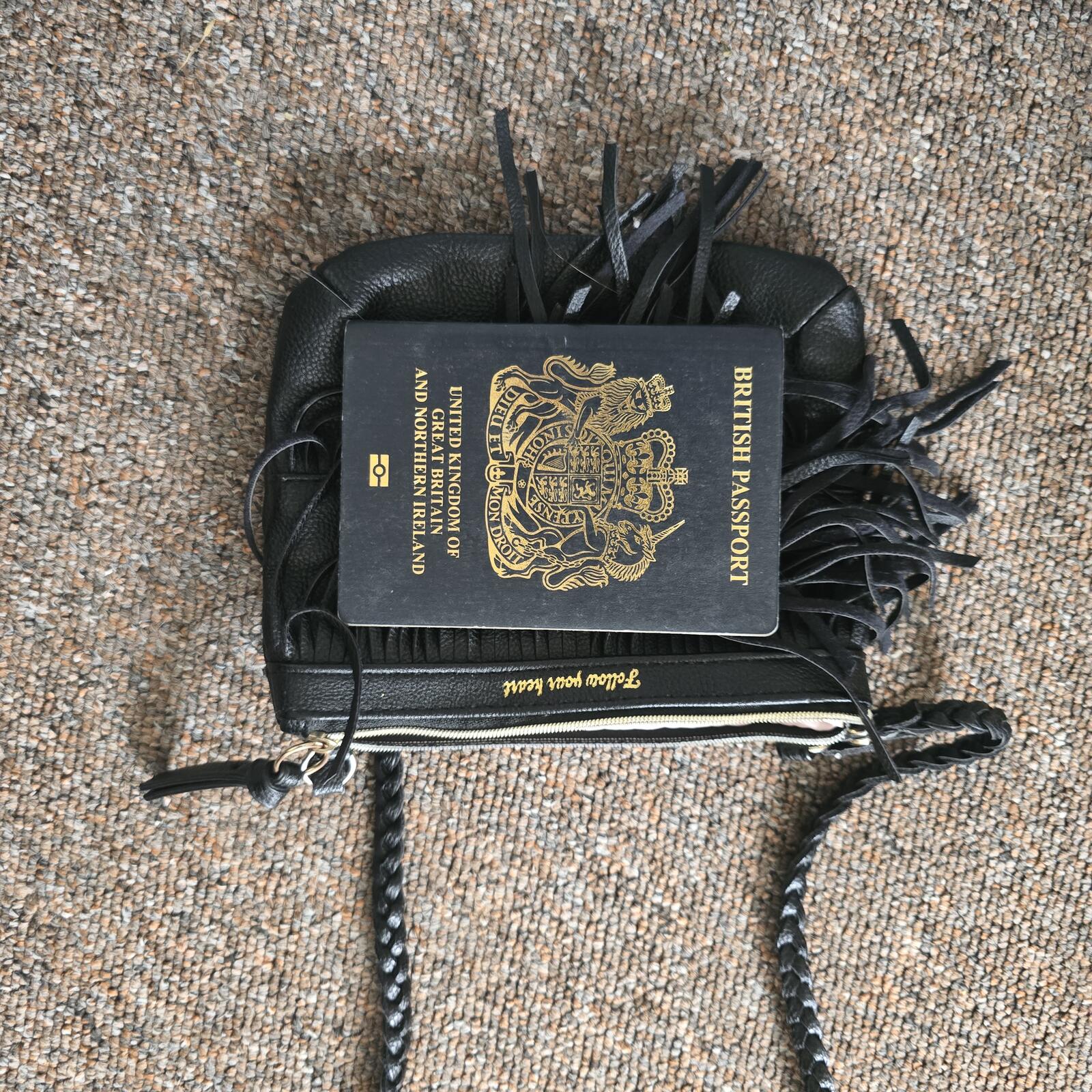 Black Fringed Crossbody Bag with Braided Strap, faux leather, festival vibes
