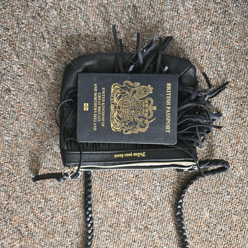 Black Fringed Crossbody Bag with Braided Strap, faux leather, festival vibes