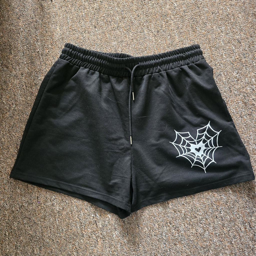 Black Spiderweb Heart Graphic Drawstring Relaxed Fit Lounge Shorts, size L