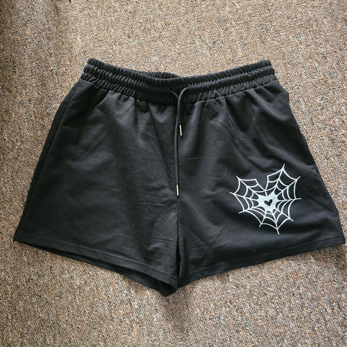 Black Spiderweb Heart Graphic Drawstring Relaxed Fit Lounge Shorts, size L