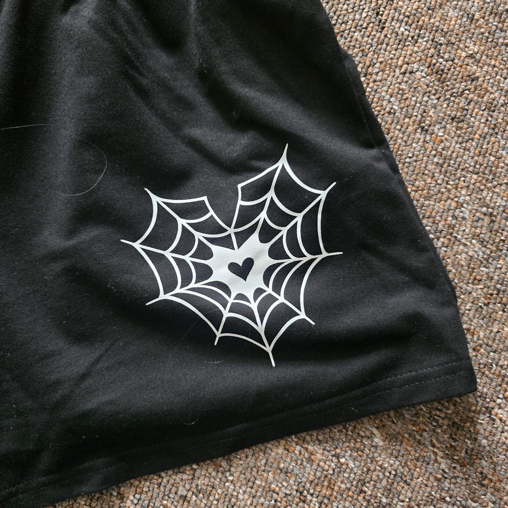 Black Spiderweb Heart Graphic Drawstring Relaxed Fit Lounge Shorts, size L