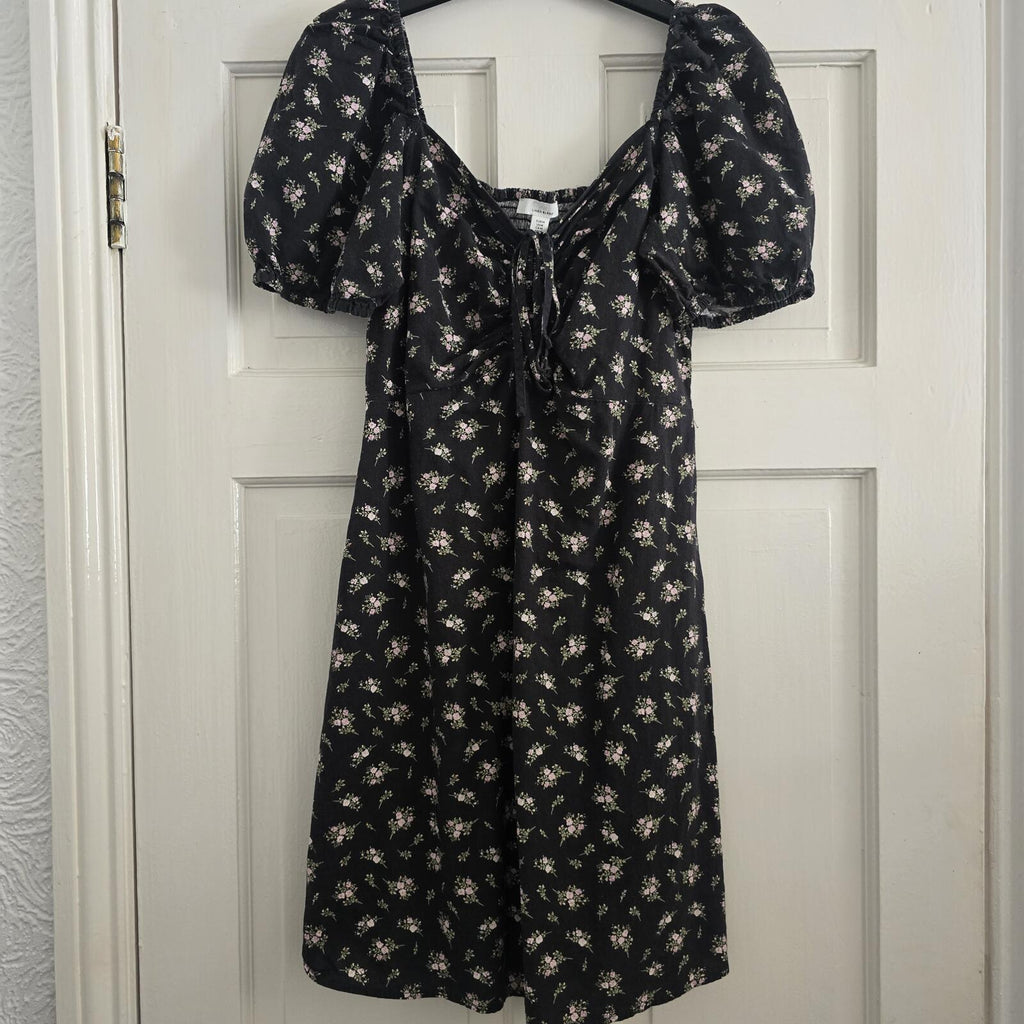 Black Linen Blend Floral Puff Sleeve Tie Front Mini Dress, size M