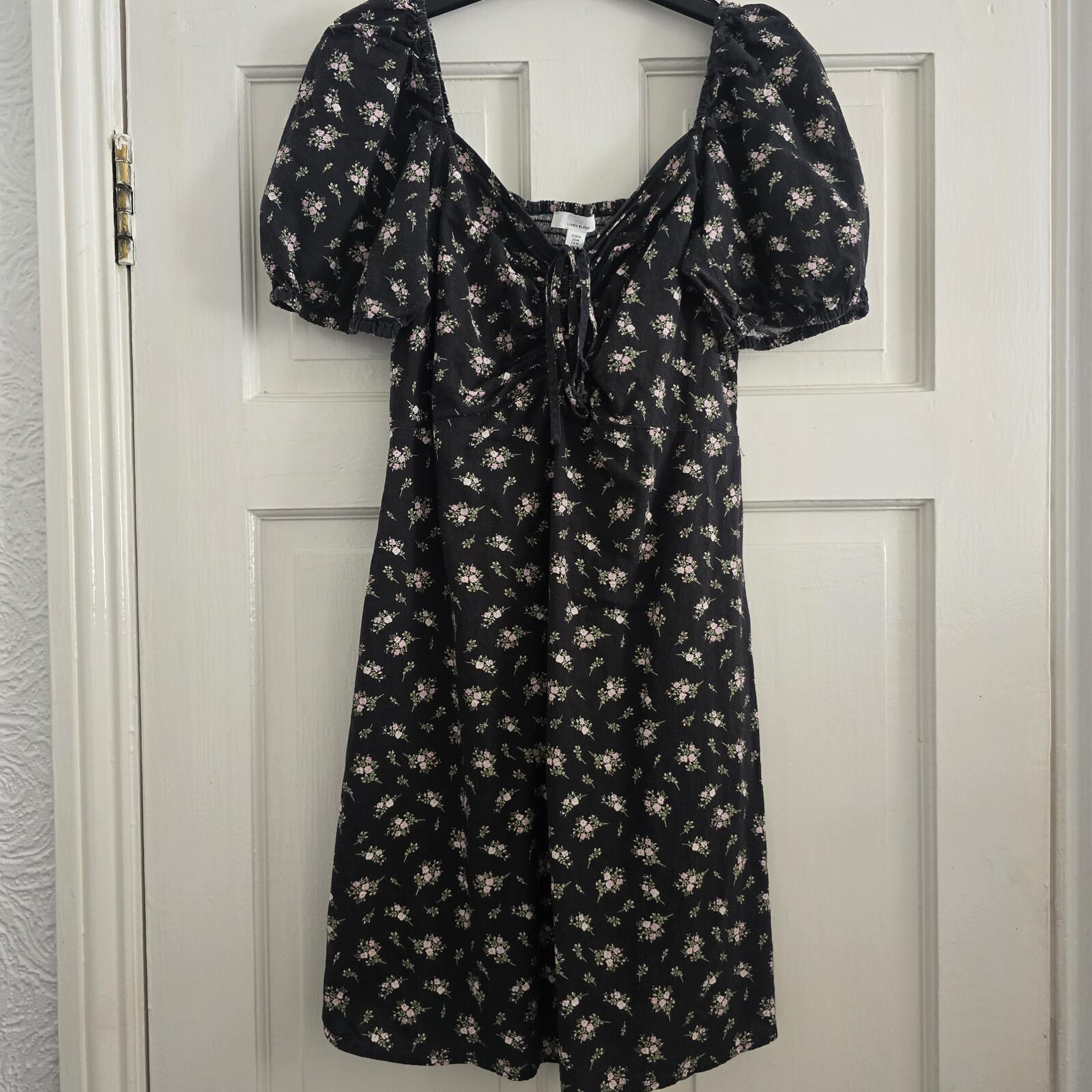 Black Linen Blend Floral Puff Sleeve Tie Front Mini Dress, size M