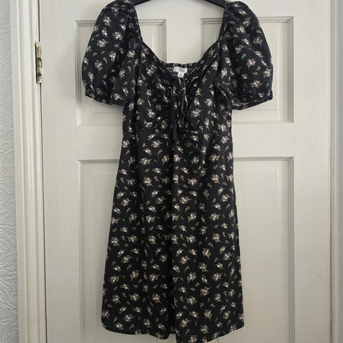Black Linen Blend Floral Puff Sleeve Tie Front Mini Dress, size M