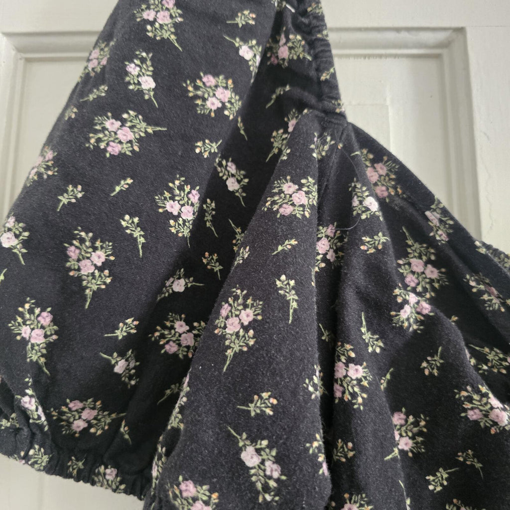 Black Linen Blend Floral Puff Sleeve Tie Front Mini Dress, size M