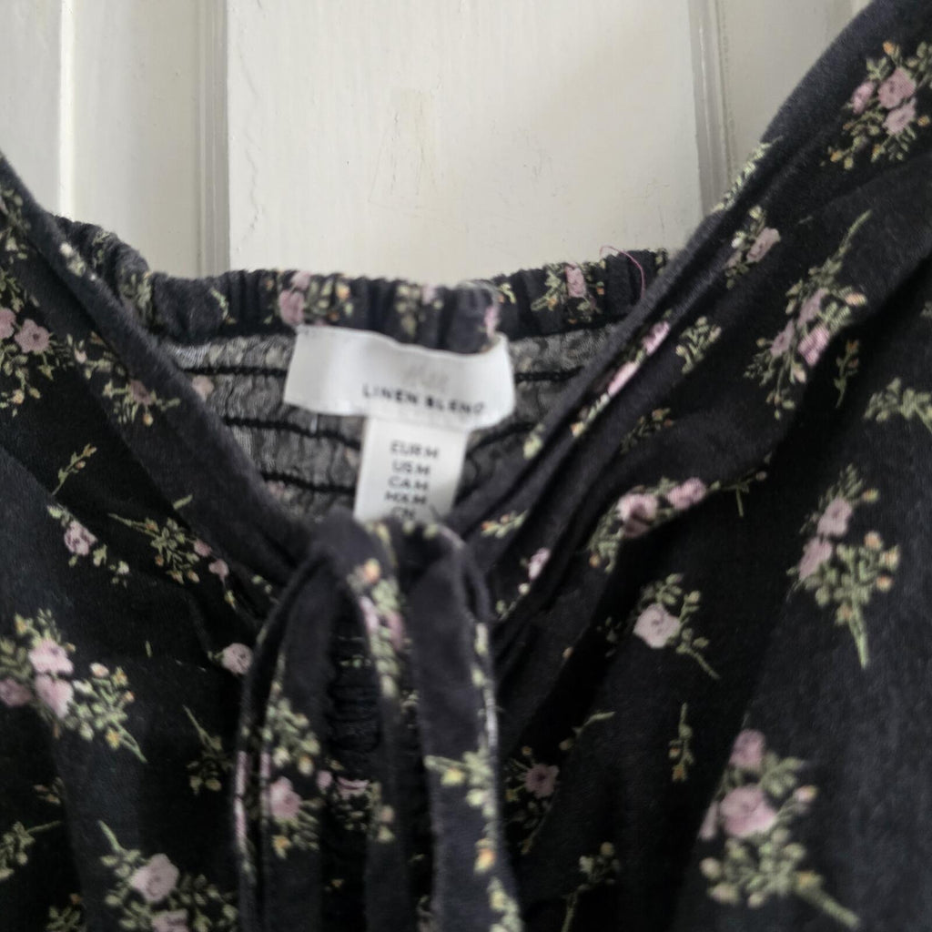Black Linen Blend Floral Puff Sleeve Tie Front Mini Dress, size M