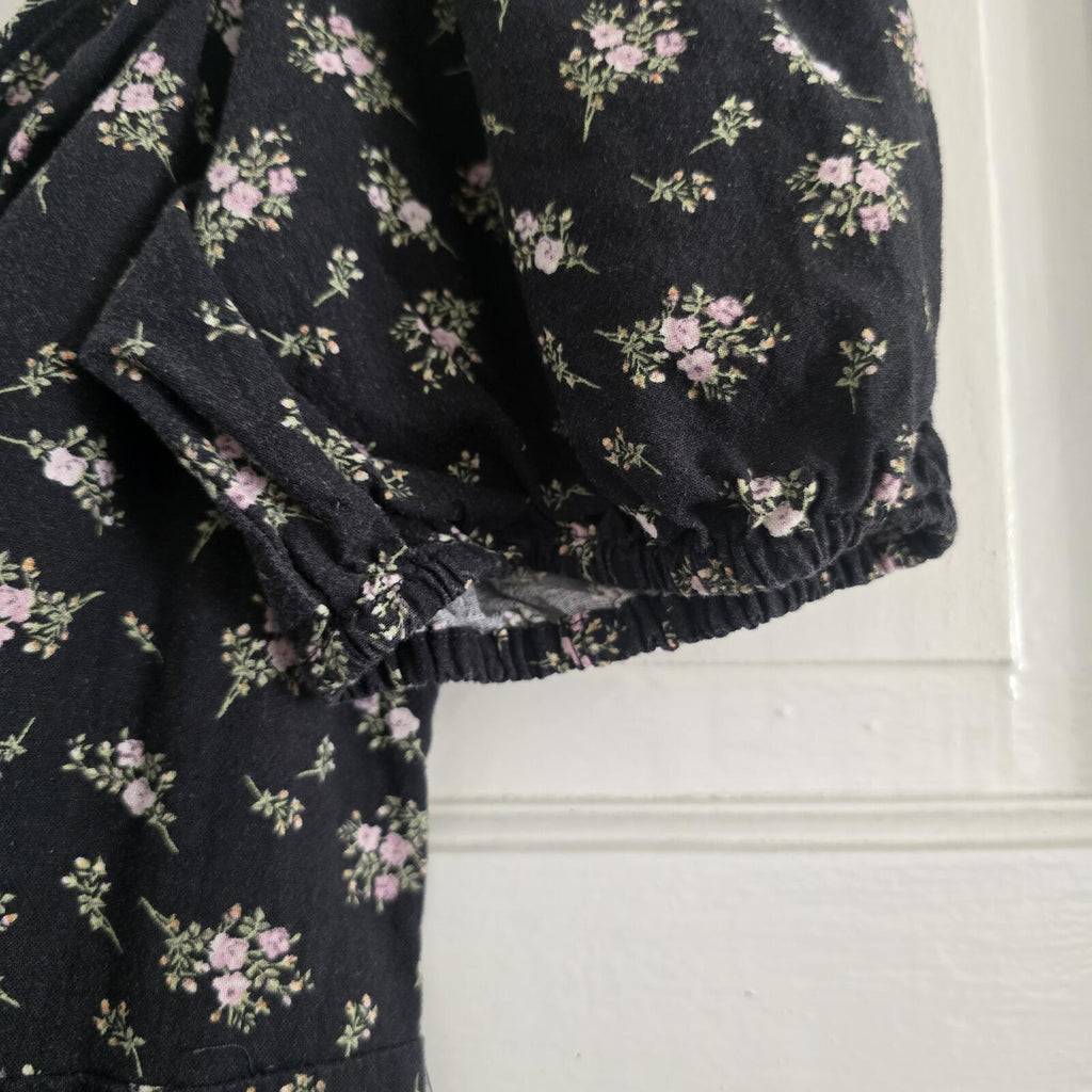 Black Linen Blend Floral Puff Sleeve Tie Front Mini Dress, size M