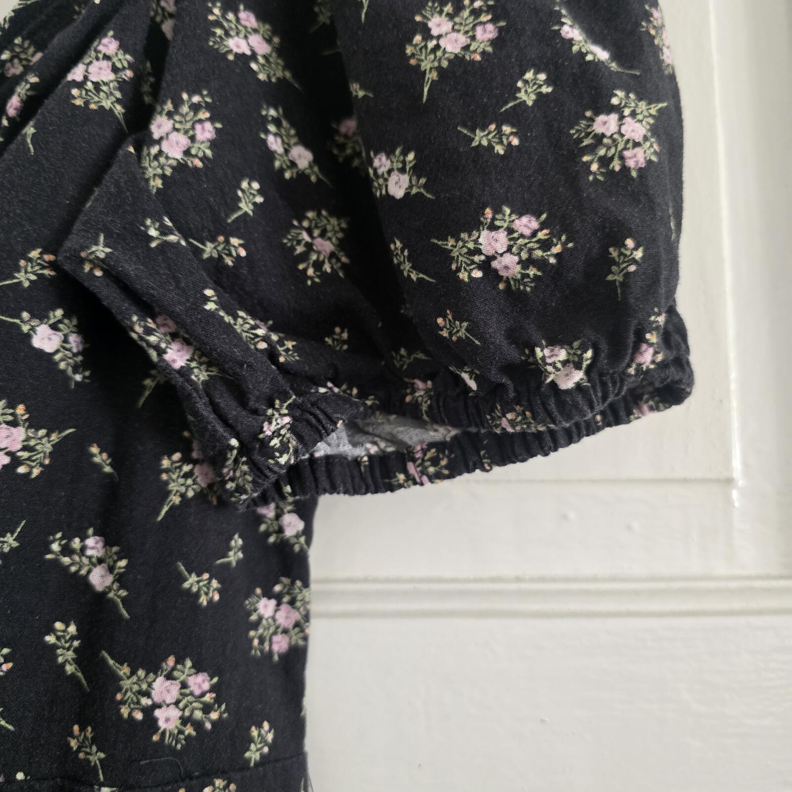 Black Linen Blend Floral Puff Sleeve Tie Front Mini Dress, size M