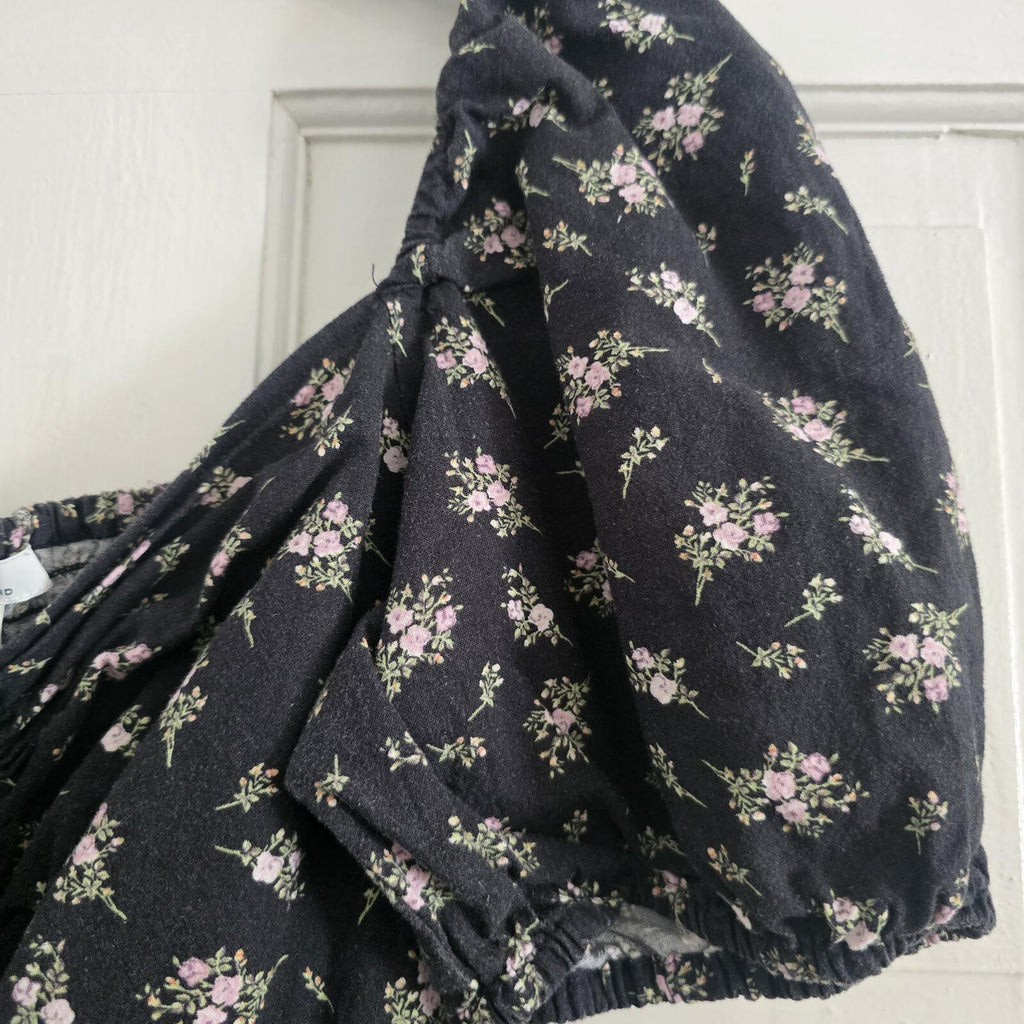 Black Linen Blend Floral Puff Sleeve Tie Front Mini Dress, size M