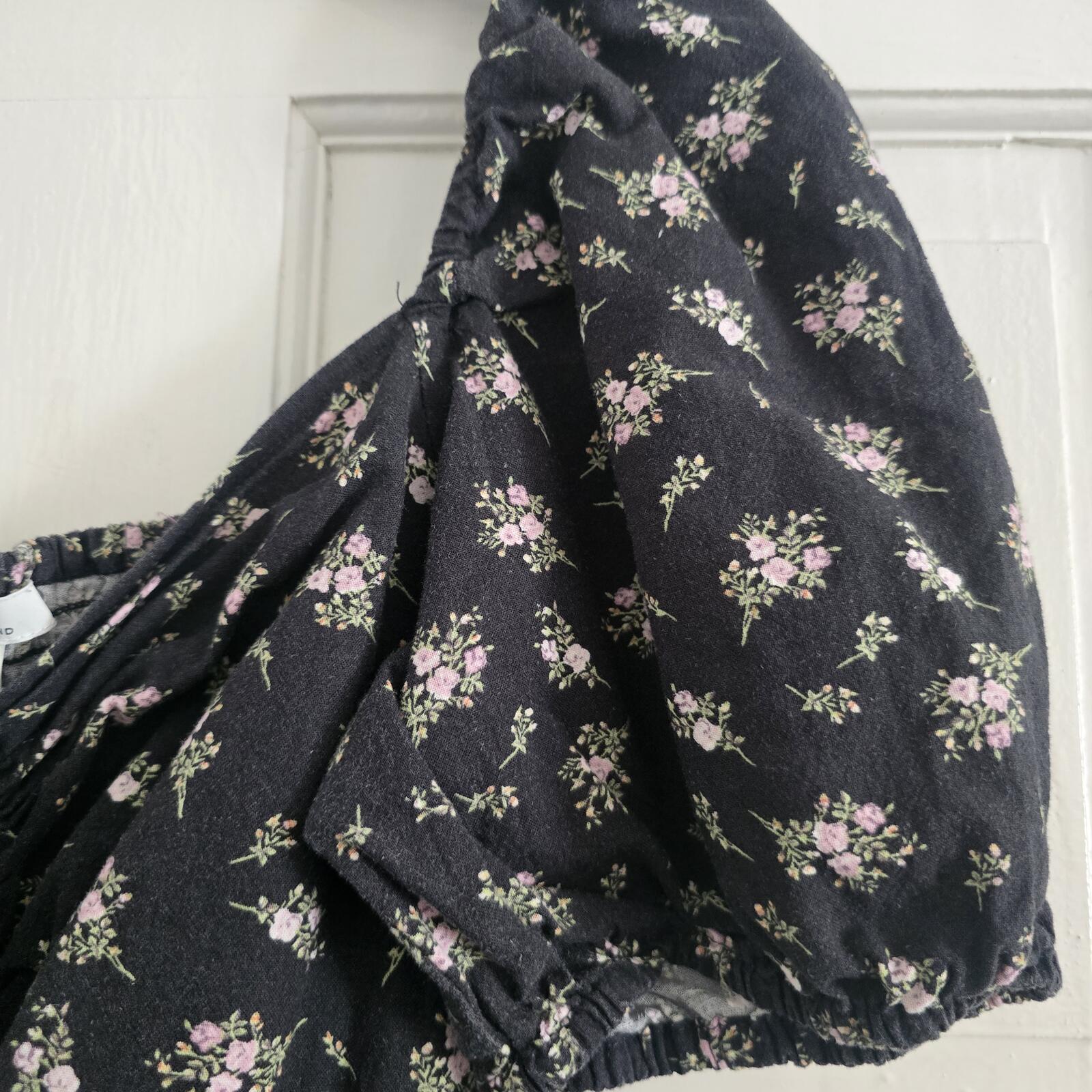 Black Linen Blend Floral Puff Sleeve Tie Front Mini Dress, size M