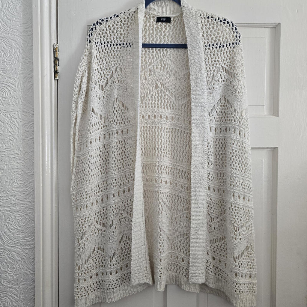 F&F Cream Crochet Knit Open Front Cardigan Size L, layering, trend, festival