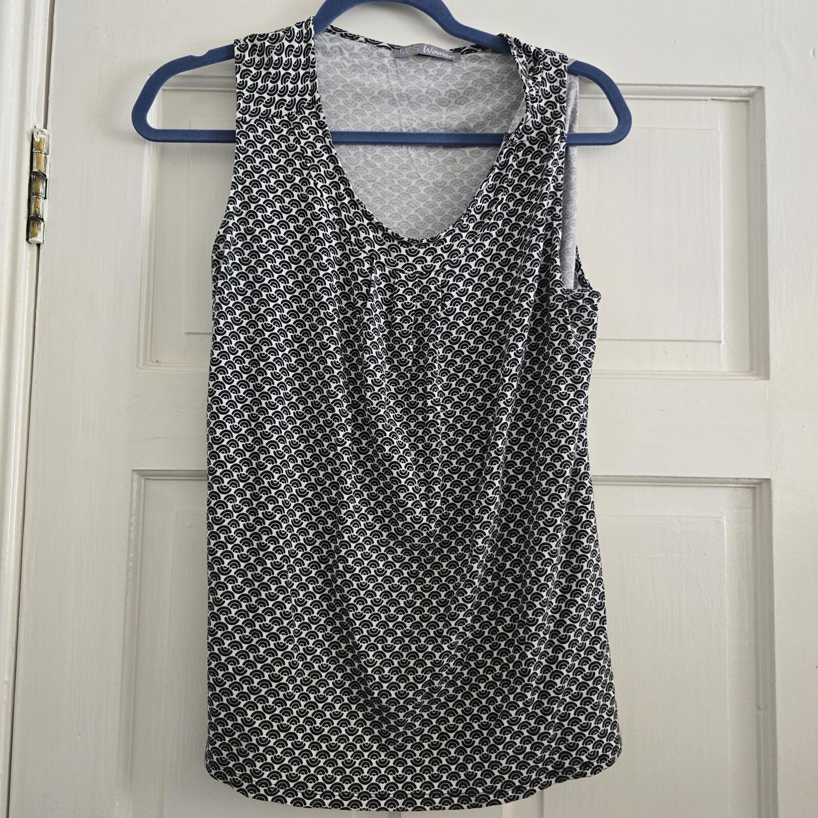 M&S Woman Black and White Patterned Sleeveless Top Vest Cami UK 12