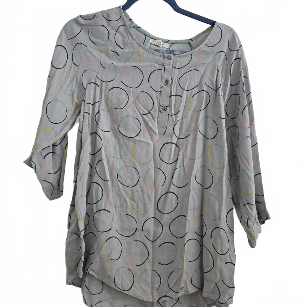 White Stuff Grey Circle Print Button Front Blouse, top, 3/4 sleeves, size 14