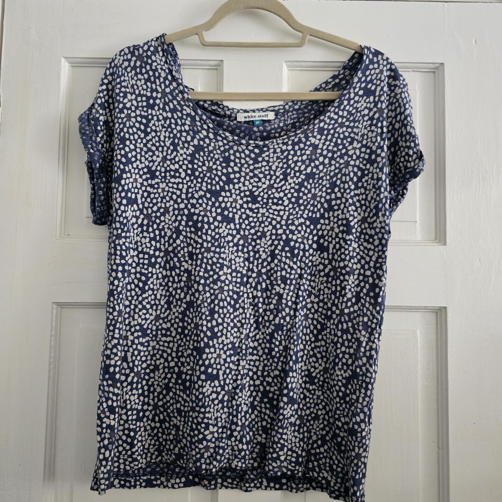White Stuff Navy and White Speckled Print Short Sleeve Top UK 10