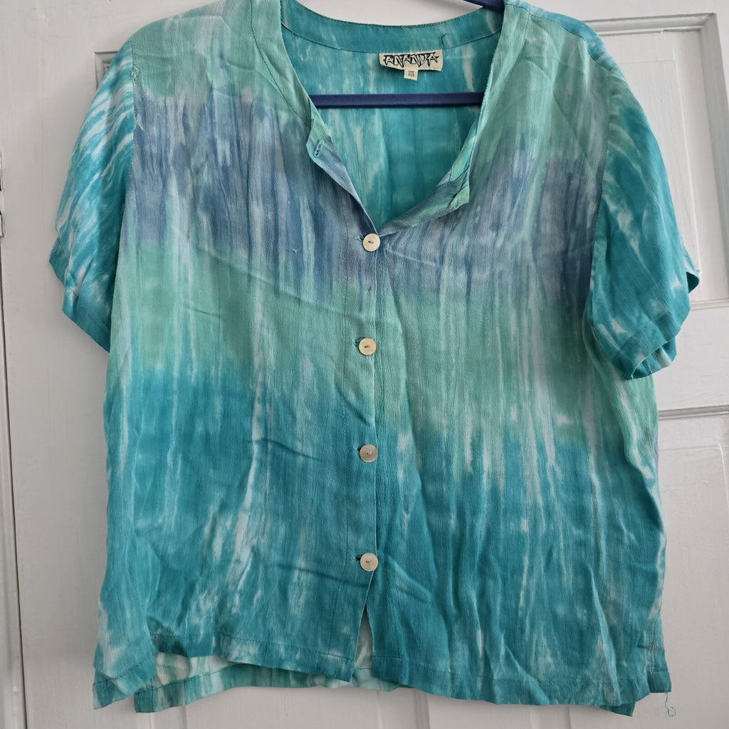 Ananda One Size Turquoise Blue Tie-Dye Button Front Blouse Top oversized