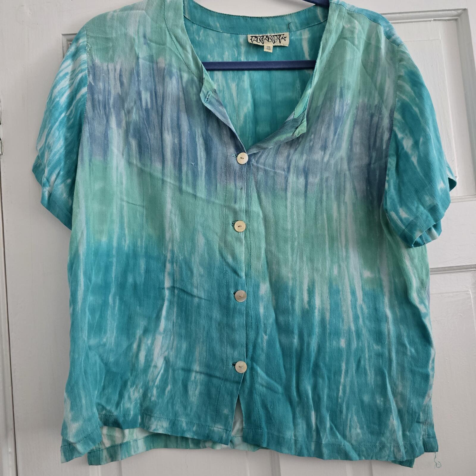 Ananda One Size Turquoise Blue Tie-Dye Button Front Blouse Top oversized
