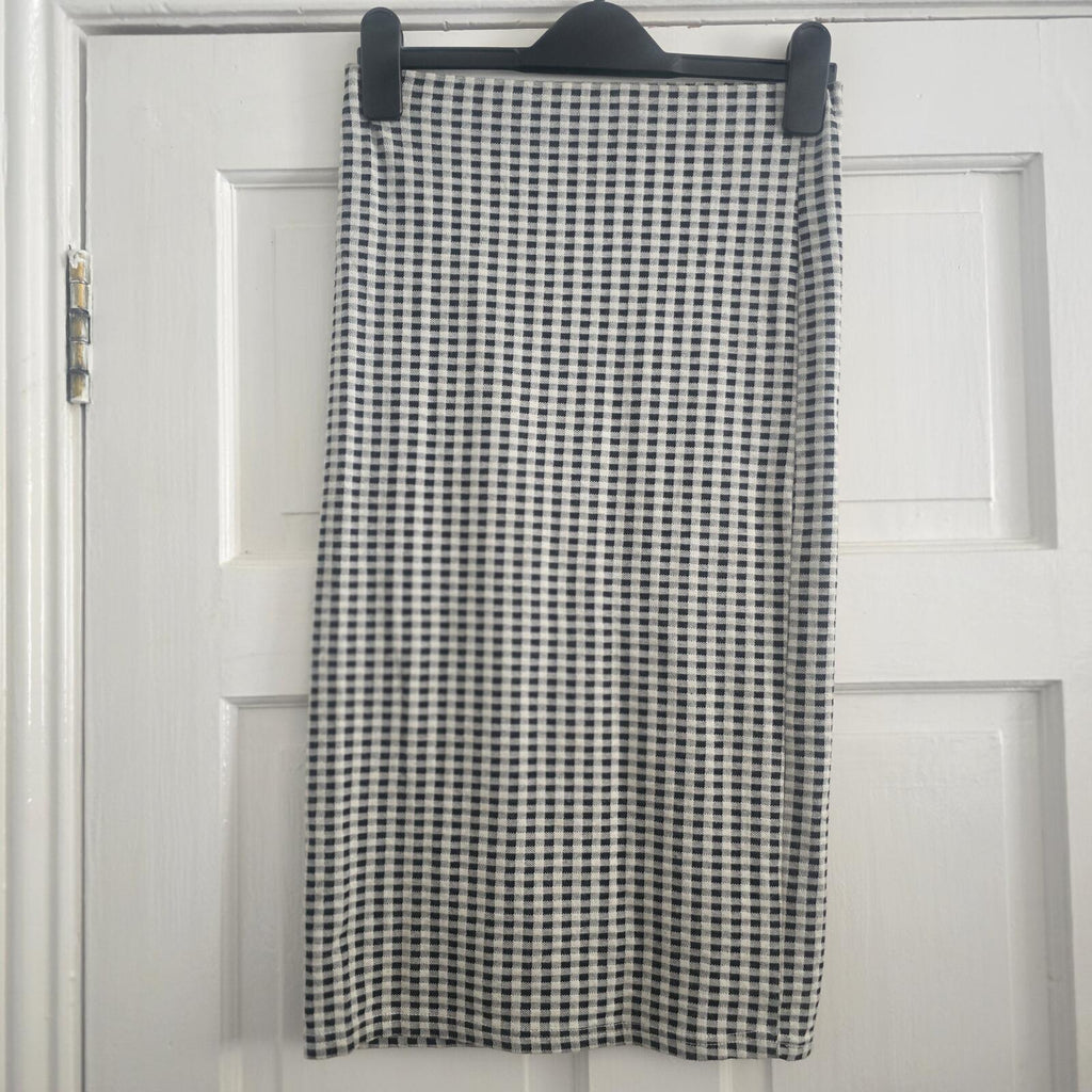 Topshop Black and White Gingham checked jersey pencil Skirt UK 8