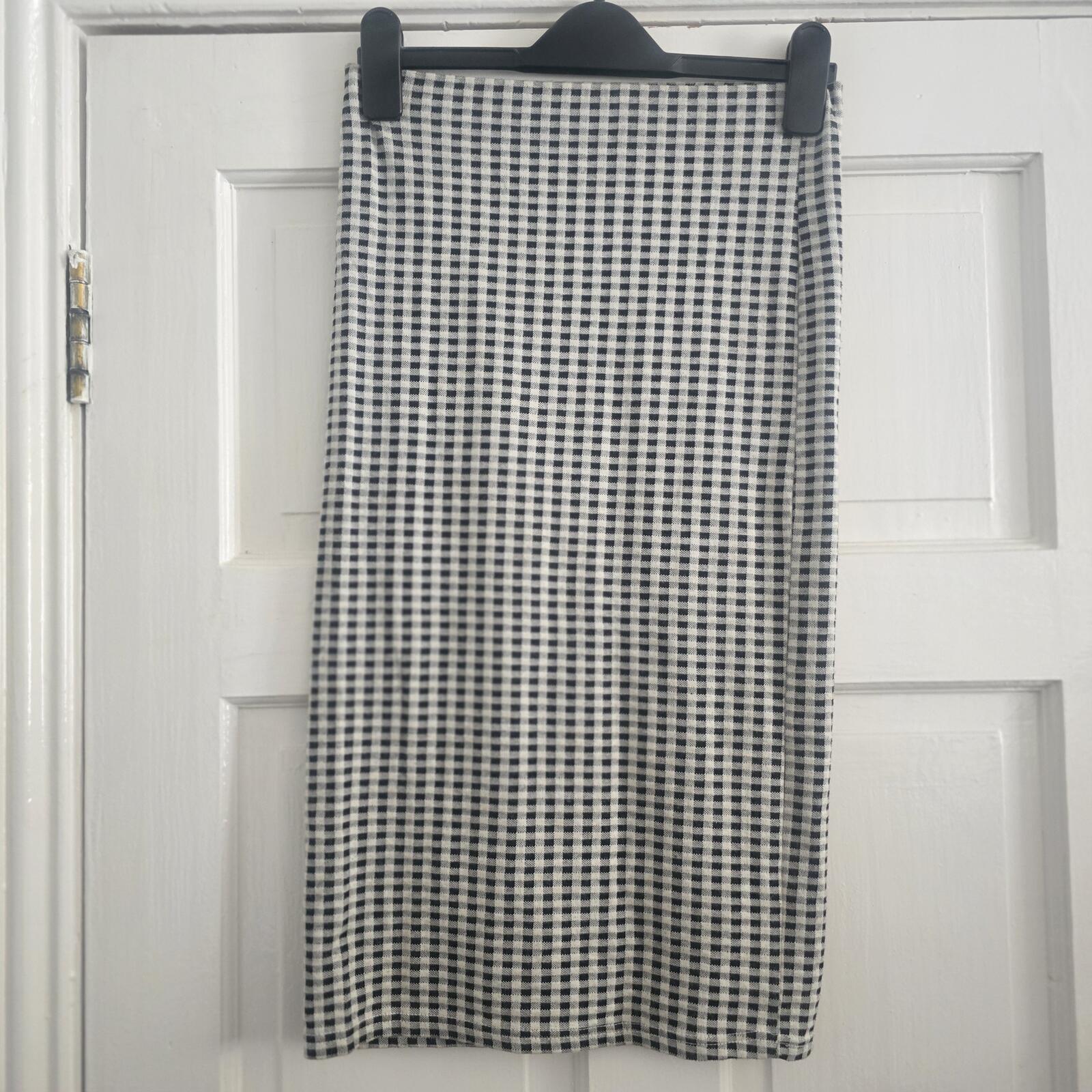 Topshop Black and White Gingham checked jersey pencil Skirt UK 8