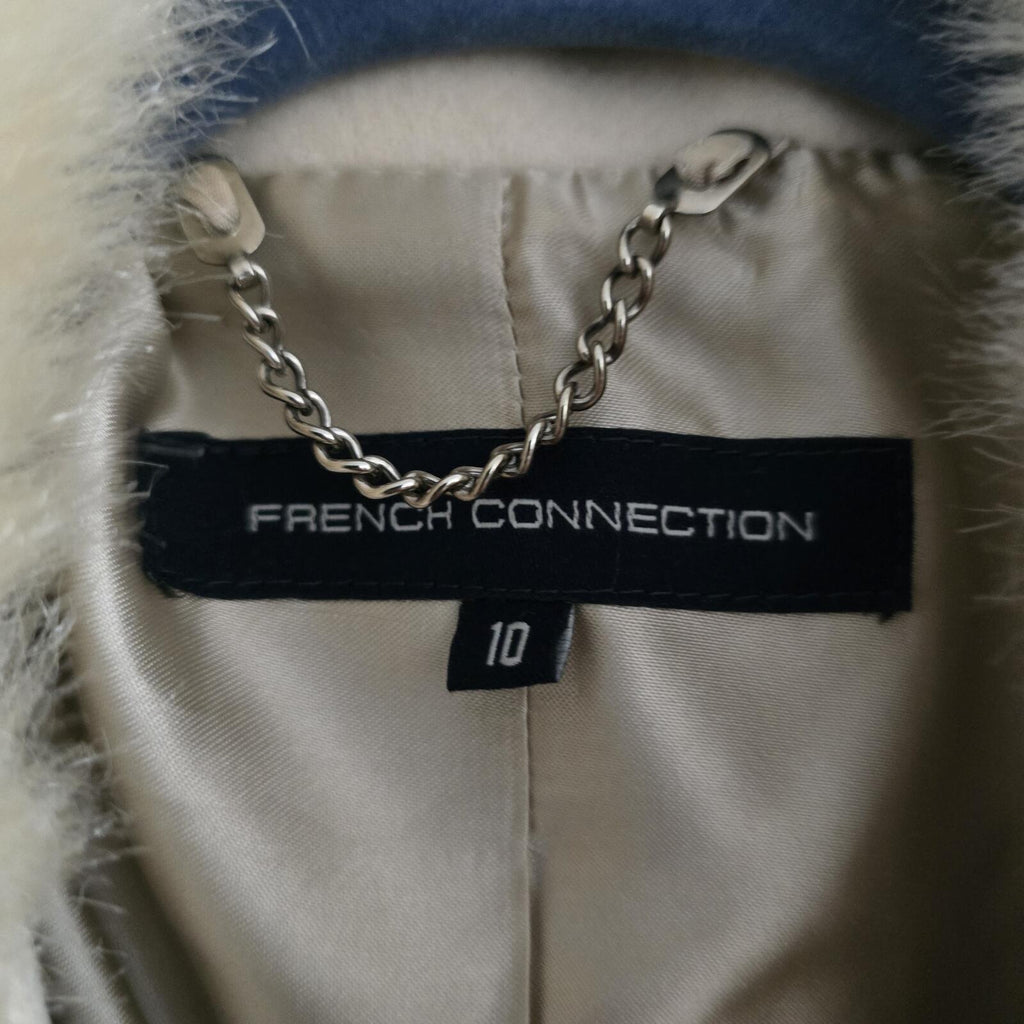 French Connection Cream Belted Faux Fur Collar Coat Size 10, virgin wool mix