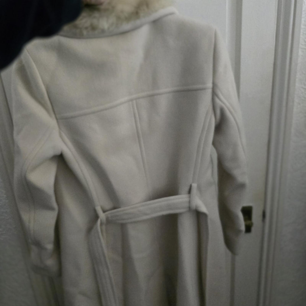 French Connection Cream Belted Faux Fur Collar Coat Size 10, virgin wool mix
