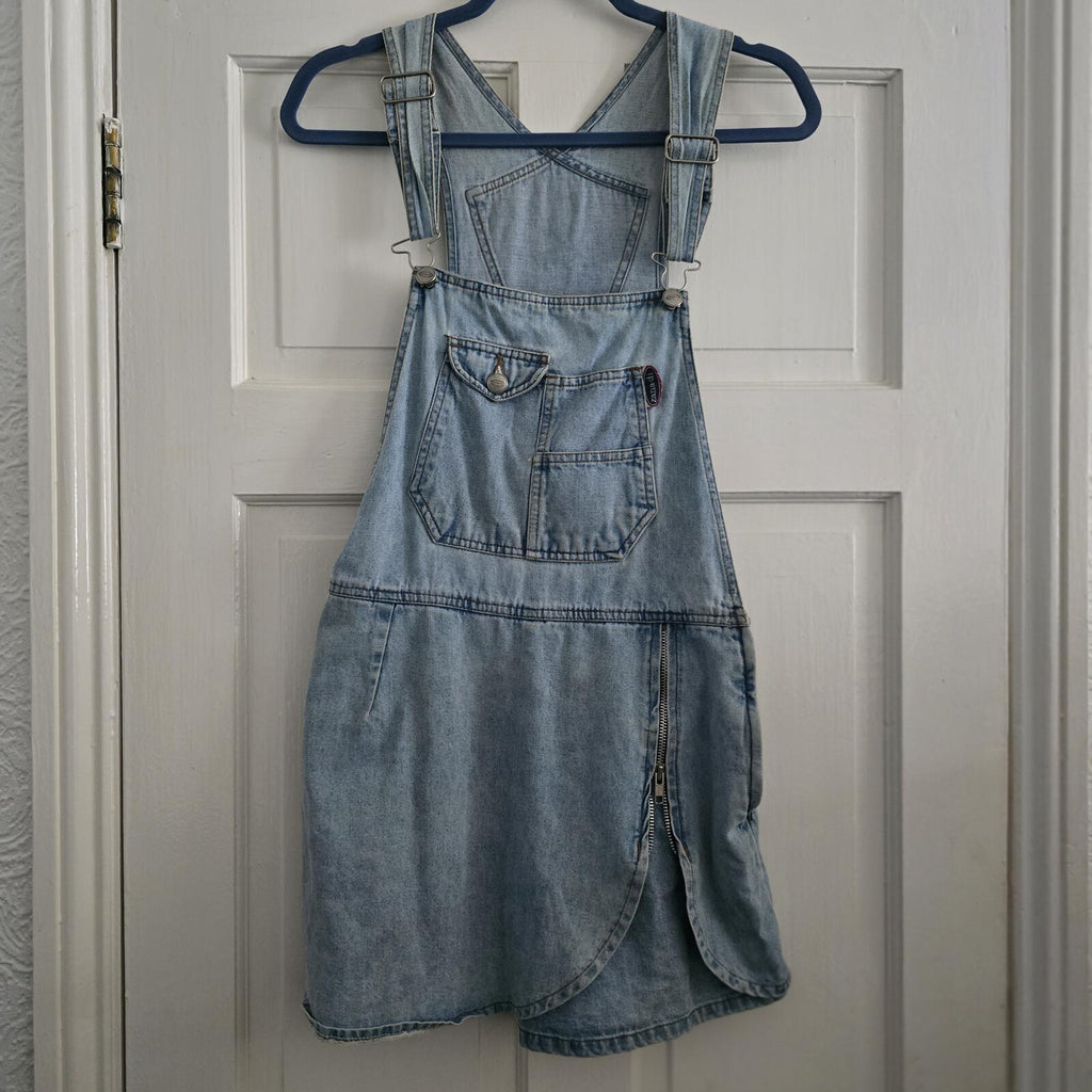 Light Wash Denim Pinafore Dungaree Skort Dress with Zip Detail, size S, Zandi