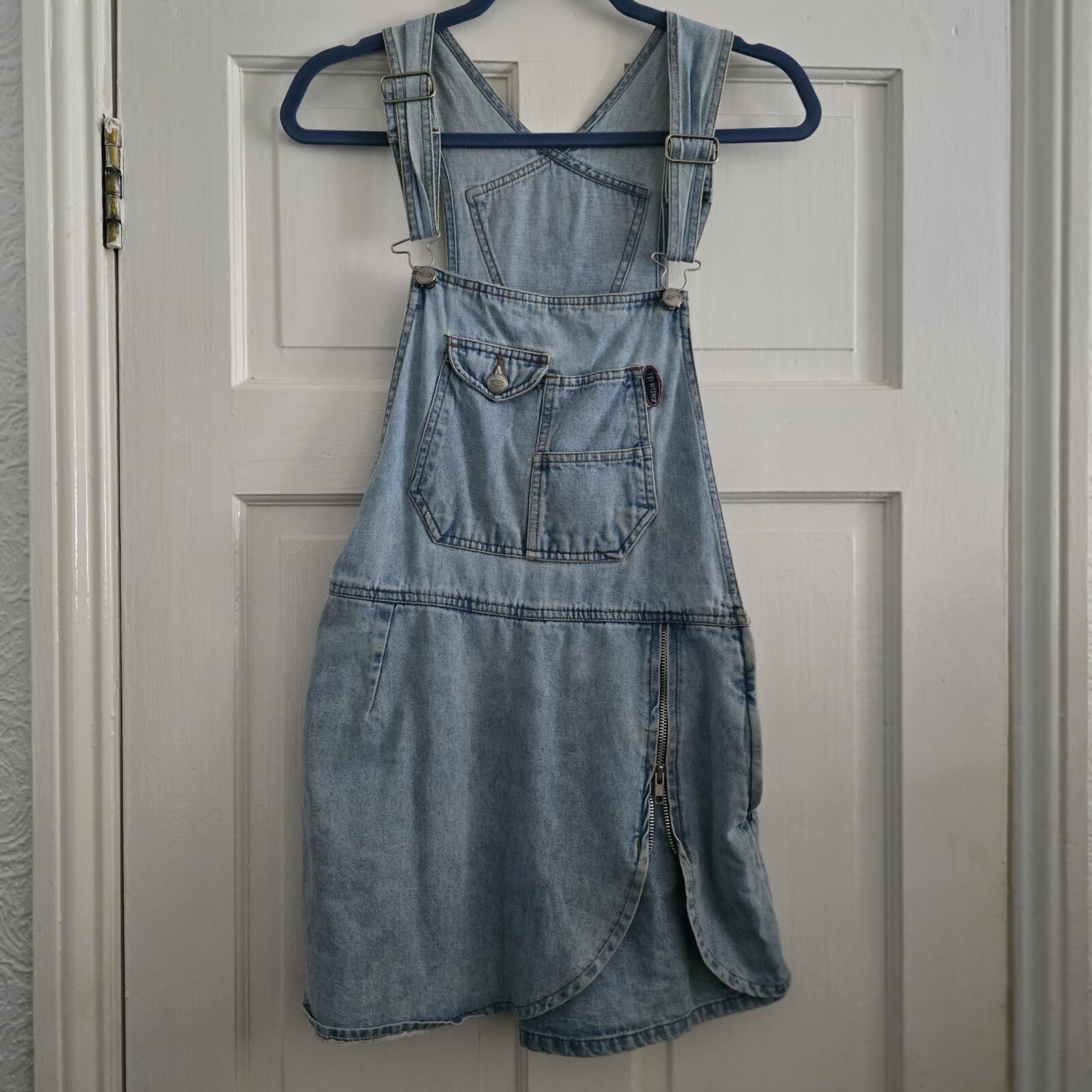 Light Wash Denim Pinafore Dungaree Skort Dress with Zip Detail, size S, Zandi